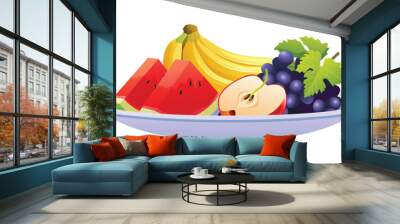 Plate with slices of watermelon, bananas, apple, and grapes. Vector cartoon illustration Wall mural