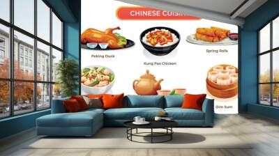 Set of Chinese cuisine vector illustration. Asian food pecking duck, kung pao chicken, spring rolls, wonton soup, dim sum and tea Wall mural