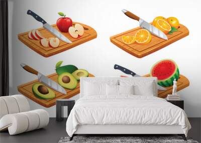 Set of different fruits on wooden cutting boards. Includes apple, orange, avocado, and watermelon. Vector illustration Wall mural