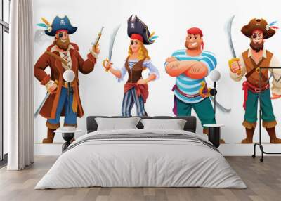 Set of male and female pirates with weapons. Cartoon characters illustration Wall mural