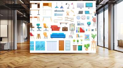 Set of office furniture and equipment cartoon illustration isolated on white background Wall mural