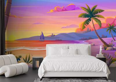 Sunset or sunrise on the beach landscape with beautiful pink sky and sun reflection over the water. Summer vacation background cartoon concept Wall mural