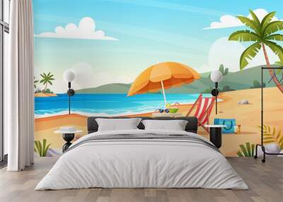 Tropical beach landscape with beach chair and umbrella on the seashore. Summer vacation cartoon vector concept Wall mural