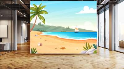 Tropical beach landscape with sailboat and palm trees on the seashore. Summer vacation background cartoon concept Wall mural