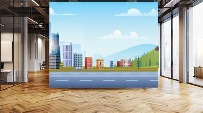 Urban cityscape and suburban with mountain landscape concept. Vector cartoon illustration Wall mural