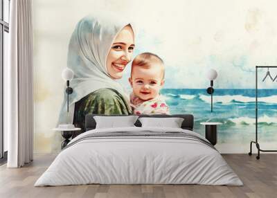 A smiling muslim woman holding her baby standing in front of a lake Wall mural