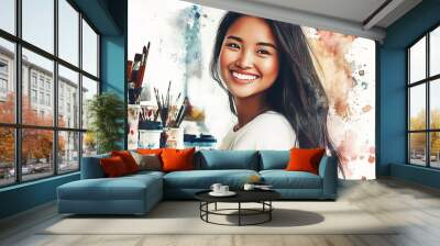 Portrait of a happy smiling young female artist Wall mural