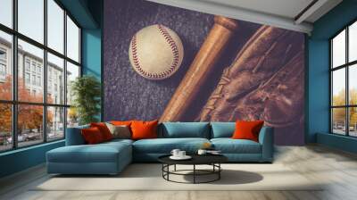 vintage old baseball glove vith ball and bat Wall mural