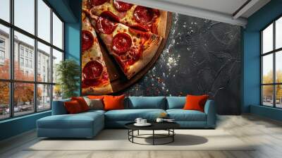 A delicious pepperoni pizza cut into slices against a dark background, perfect for a web banner with copyspace on the right. This image captures the mouthwatering appeal of classic Italian cuisine. Wall mural