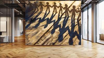 Paper cut-out of people holding hands in a chain, casting long shadows on a wooden surface, with a blurred background to emphasize unity and connection within a community or group. Wall mural