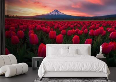 Beautiful red tulips in a field with a mountain in the background at sunset. Wall mural