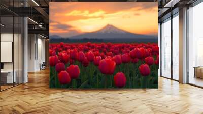 Beautiful red tulips in a field with a mountain in the background at sunset. Wall mural