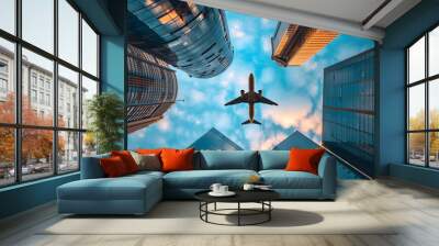 bottom view of a plane flying in the sky over skyscrapers Wall mural