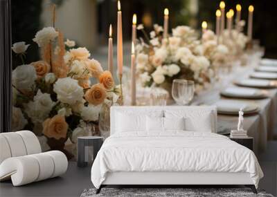 table setting with flowers and candles for a wedding reception Wall mural