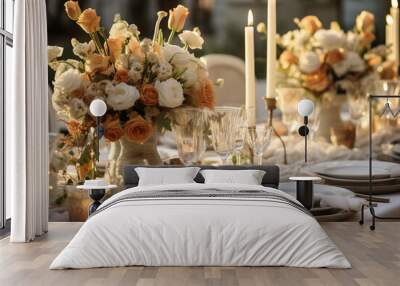 table setting with flowers and candles for a wedding reception Wall mural