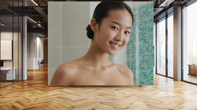 A mid-shot collage of an Asian woman with a towel, showcasing natural beauty in a bathroom setting, smiling in various angles. Wall mural