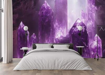 A mystical Amethyst podium in a glowing crystal cave, perfect for sacred and powerful displays. Wall mural