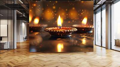 Rows of traditional Hindu oil lamps glowing with warm candlelight, creating a serene and spiritual atmosphere. Wall mural