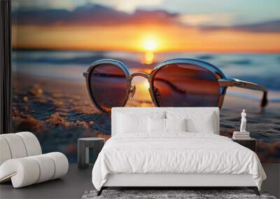 Stylish sunglasses resting on the beach at sunset, capturing the warm glow of the sun and the serene beauty of the ocean in the background Wall mural