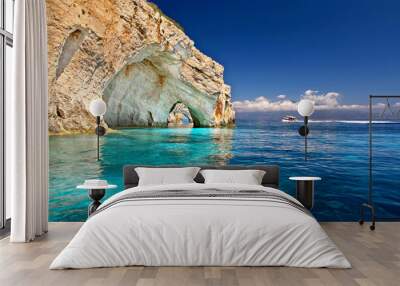 Famous blue caves, an extraordinary seascape of magnificent geologic formations in Zakynthos island, Ionian Sea, Greece, Europe.  Wall mural