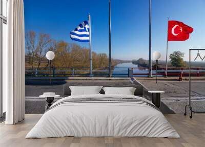 The Greek-Turkish border line right on the bridge over the river Evros, in Thrace region. The grey line on the road marks the exact point where the two countries meet. Wall mural