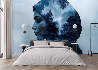 Double exposure portrait of beautiful woman looking out to nature landscape on clean background Wall mural