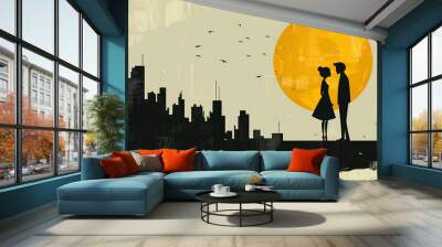 Illustration of man and woman talk face to face and the silhouette of the city at night, flat design Wall mural