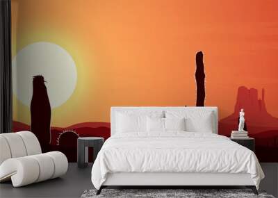 Western desert. Sunset. Rocks. Cactusis. Wall mural