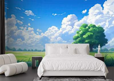 cartoon anime drawing of green summer grass meadow fields with one single tree and blue cloud sky Wall mural