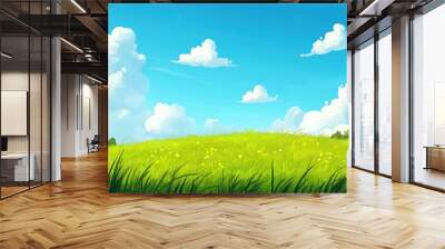 cartoon flat drawing of green summer grass meadow fields with blue cloud sky Wall mural