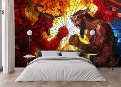 Colorful stained glass illustration of Jesus Christ  vs Satan lucifer the devil Wall mural