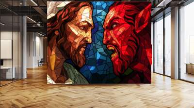 Colorful stained glass illustration of Jesus Christ  vs Satan lucifer the devil Wall mural