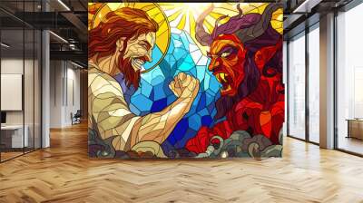 Colorful stained glass illustration of Jesus Christ  vs Satan lucifer the devil Wall mural