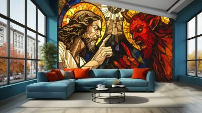 Colorful stained glass illustration of Jesus Christ  vs Satan lucifer the devil Wall mural