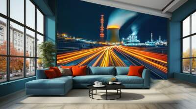 long exposure with motion blur light trail of nuclear power plant at night    Wall mural