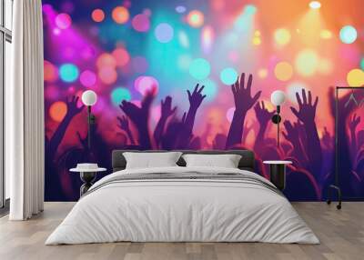 people silhouette with raised hands at christian concert worship God and Jesus Christ, on colorful bokeh background. Christian concept Wall mural