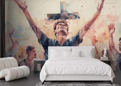 watercolor abstract illustration of christian man worship with hands raised on white background. cultural diversity concept Wall mural