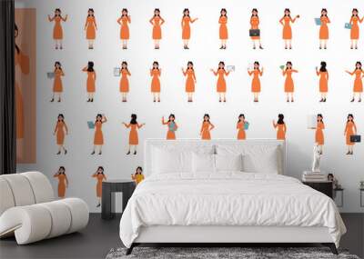 Big Set of Indian businesswoman wear orange dress character vector illustration design. Presentation in various action. People working in office planning, thinking and economic analysis. Wall mural