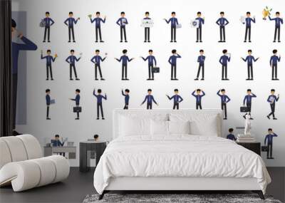 Big Set of office man wear blue shirt with tie character vector design. Presentation in various action. People working in office planning, thinking and economic analysis. Wall mural