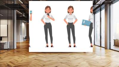 Businesswoman working in office character vector design. Presentation in various action. Wall mural