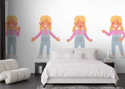 Kid wear blue denim jumpsuit character set. Girl is angry, sad and disappointed vector illustration design. Wall mural