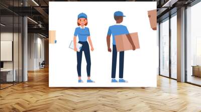 Man and woman carrying boxes. Delivery people holding a parcel package character vector design. Wall mural