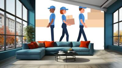 Man and woman carrying boxes. Delivery people holding a parcel package character vector design. Wall mural