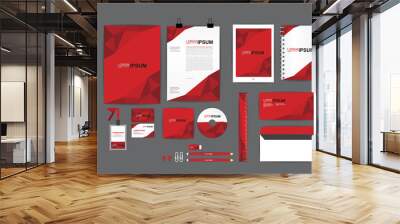 red corporate identity template  for your business includes CD Cover, Business Card, folder, ruler, Envelope and Letter Head Designs Wall mural