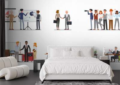 Set of Business office connection working concept. Businessmen and businesswomen character vector design. Presentation in various action with emotions, running, standing and walking. Wall mural