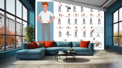 Set of businessman character vector design. Presentation in various action with emotions, running, standing and walking. People working in office planning, thinking and economic analysis. Wall mural