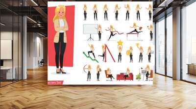 Set of businesswoman working character vector design. Presentation in various action with emotions, running, standing, walking and working. Wall mural