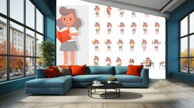 Set of children character vector design. Girl wear white shirt and grey skirt. Presentation in various action with emotions, running, standing and walking. Wall mural