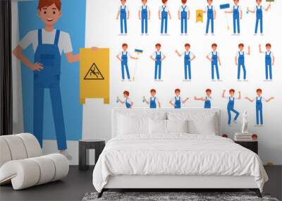 Set of cleaning man staff character vector design. Presentation in various action with emotions, running, standing and walking. Wall mural