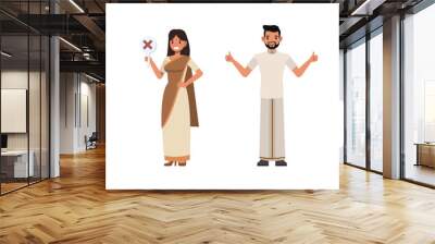 Set of Indian Businessman and businesswoman holding check mark and cross signs character vector design. Presentation in various action. People working in office planning and thinking. Wall mural